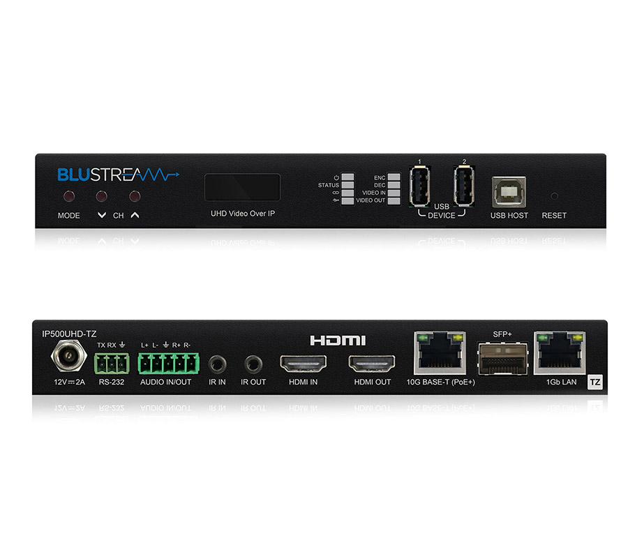Schéma sestavy AV-over-IP: zdroje → transceivery IP500UHD-TZ v režimu vysílač → 10GbE přepínač → transceivery v režimu přijímač u displejů