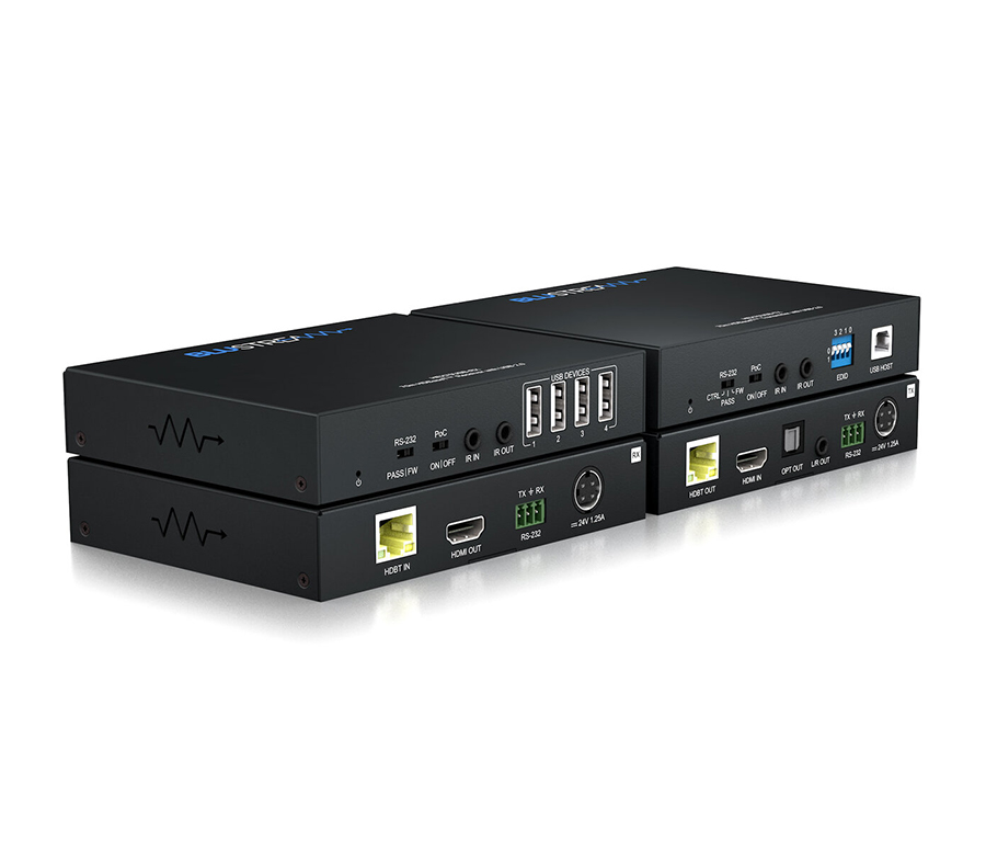 Detail konektorů HDMI, USB a CAT na jednotce Blustream HEX70USB-KIT