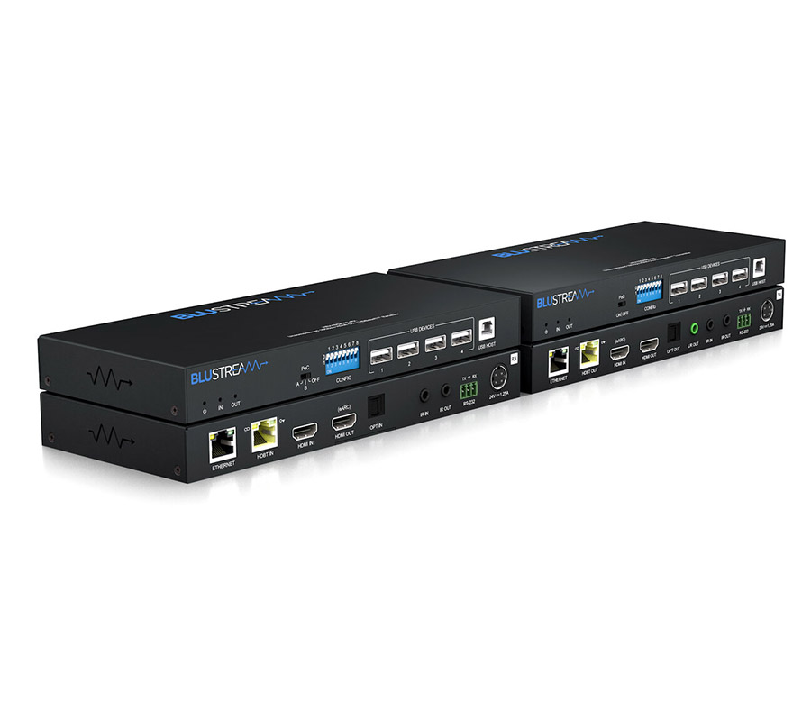 Detail konektorů Blustream HEX18GARC-KIT — HDMI, optický audio výstup a CAT port