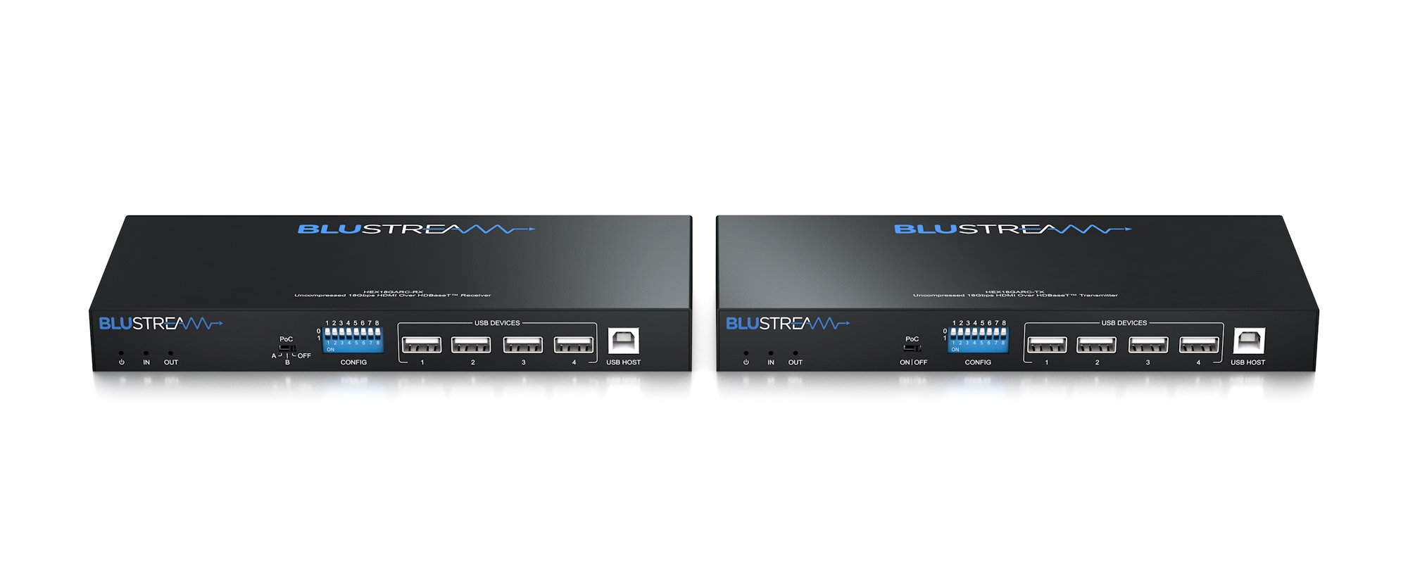 Detail zadní strany Blustream HEX18GARC-KIT s HDMI loop-out a CAT konektory