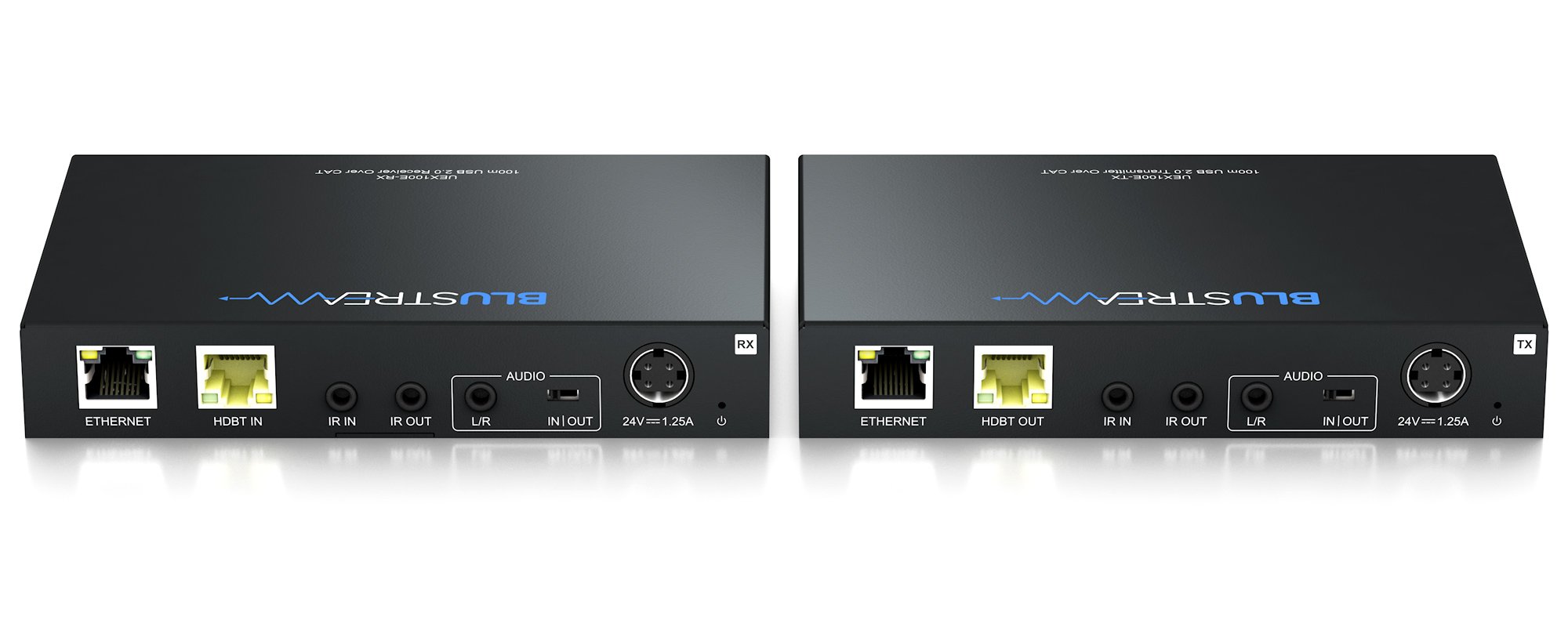 Pohled na rozložení USB portů s napájením na Blustream UEX100E-KIT