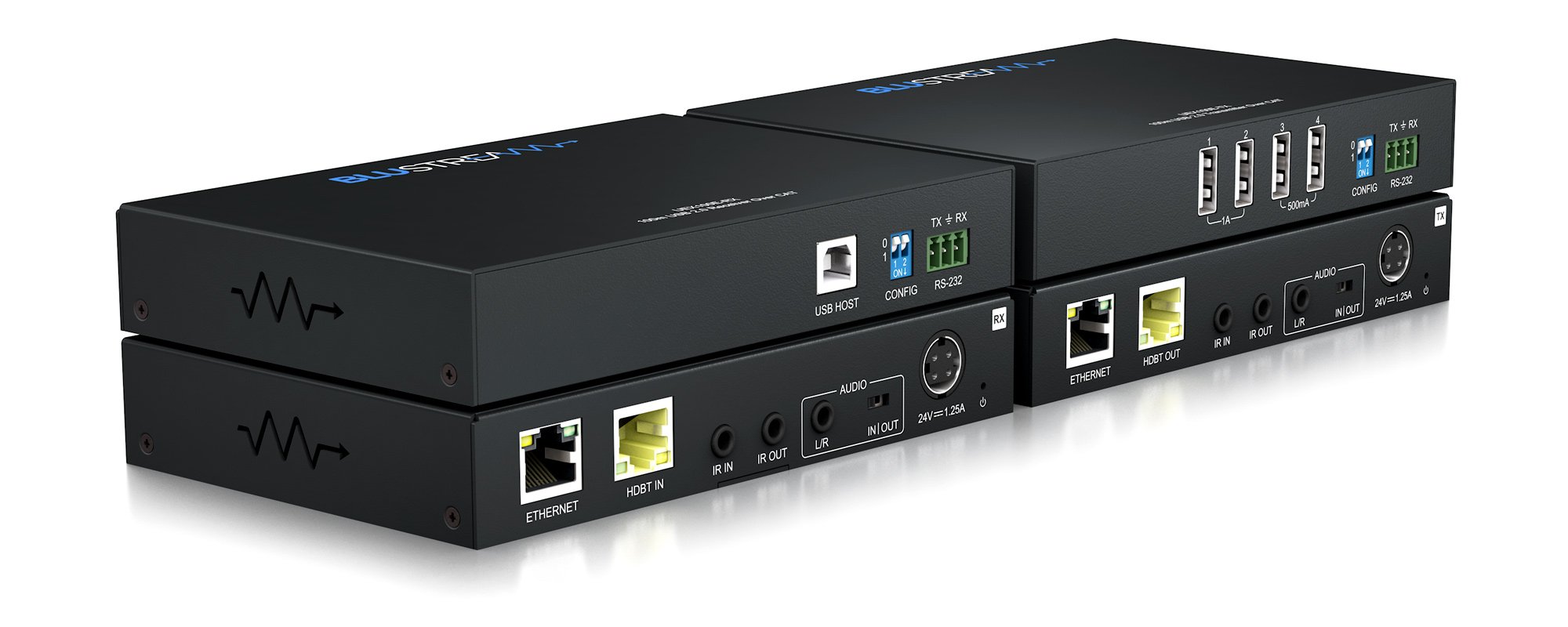 Detail portů USB, Ethernet a audio na jednotce Blustream UEX100E-KIT