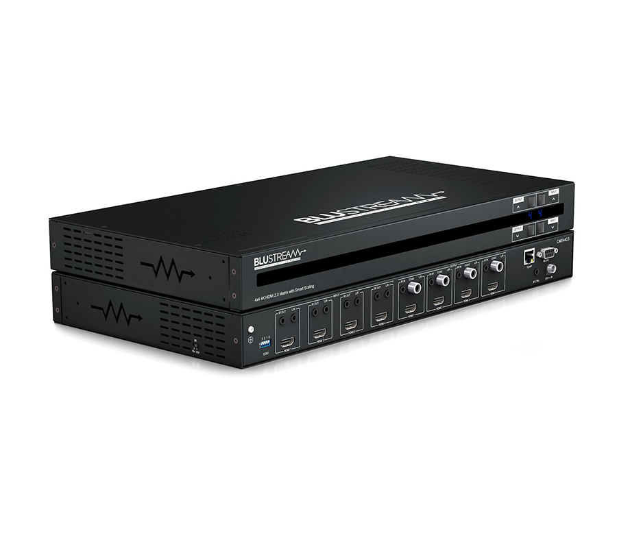 Blustream CMX44CS — pohled na zadní panel se čtyřmi HDMI vstupy a čtyřmi HDMI výstupy maticového přepínače