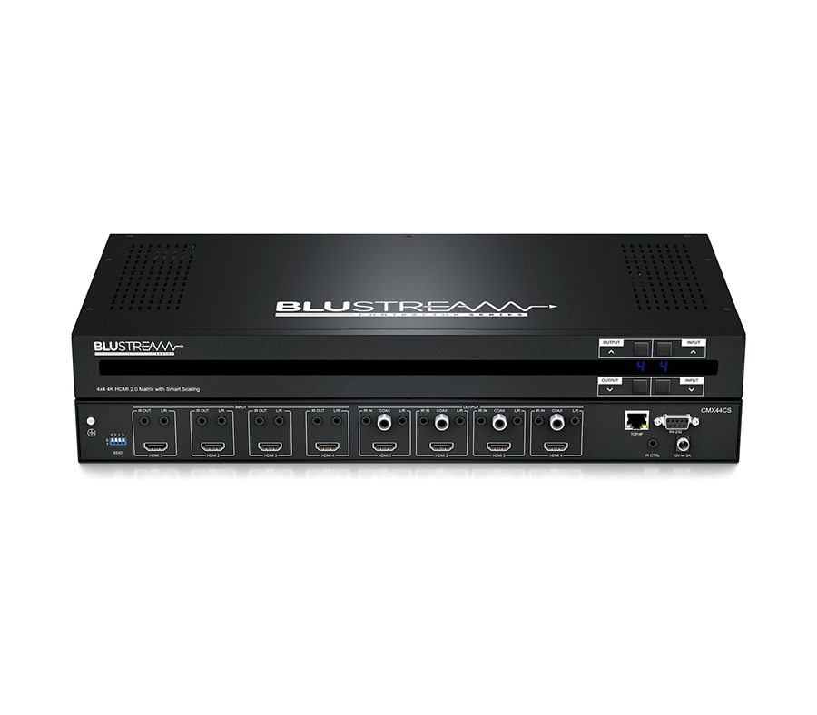 Blustream HDMI maticový přepínač CMX44CS — čelní pohled na 4x4 maticový přepínač pro distribuci 4K HDMI do 19palcového racku
