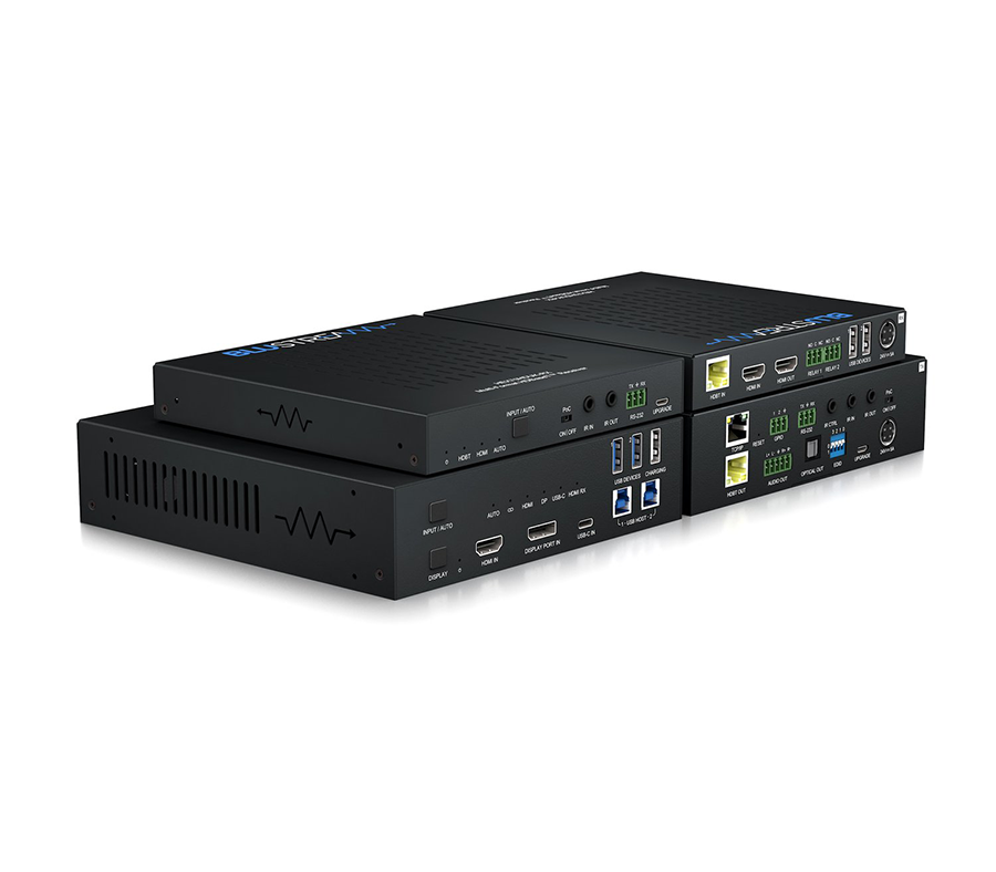 Blustream HEX70HDUK-KIT — detail konektorů vysílače s HDMI, USB-C a DisplayPort vstupy a CAT výstupem