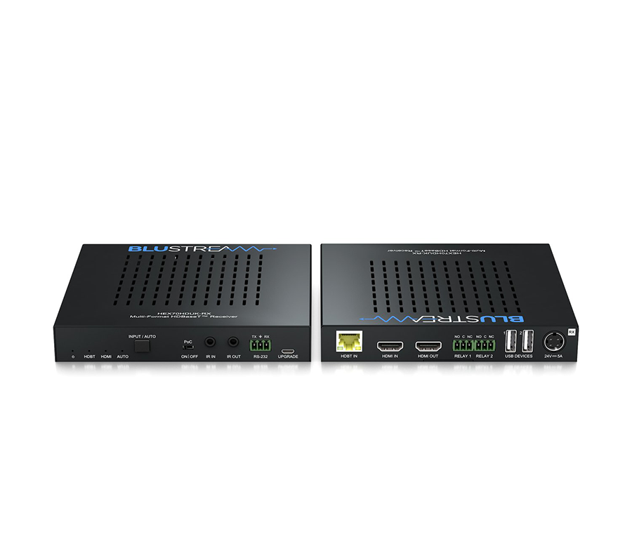 Blustream HEX70HDUK-KIT — detail přijímače s CAT vstupem, lokálním HDMI vstupem a HDMI výstupem