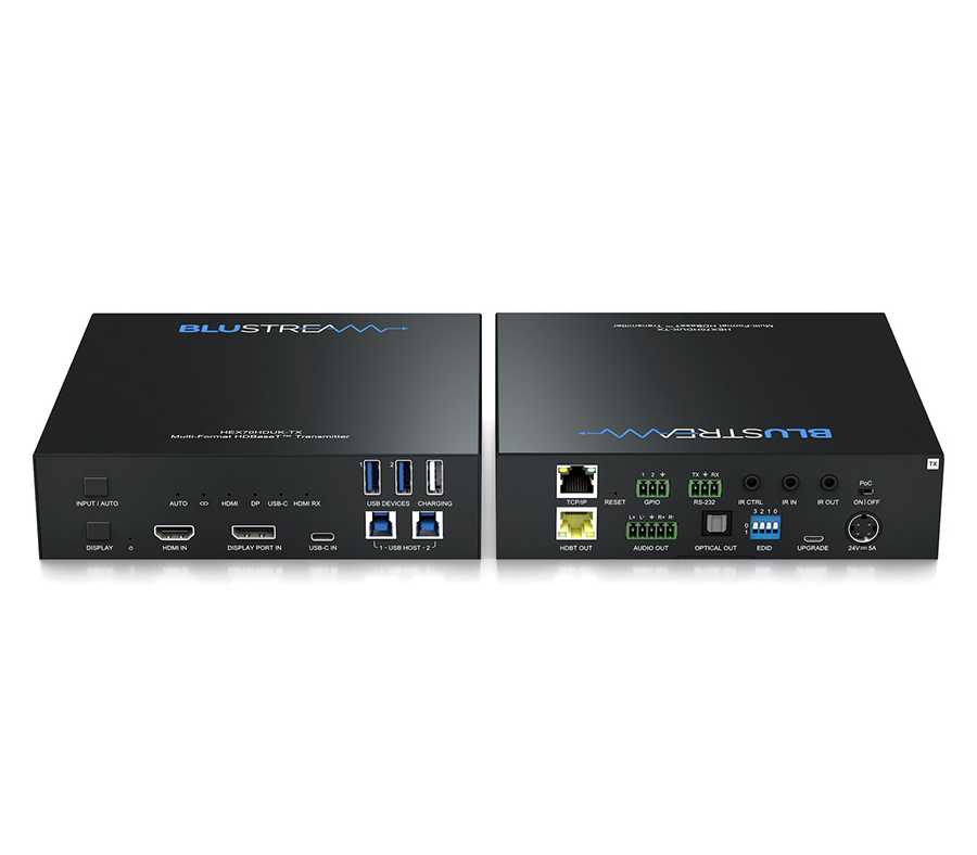Blustream HEX70HDUK-KIT — pohled na sadu vysílače a přijímače s konektory pro zapojení do AV sestavy