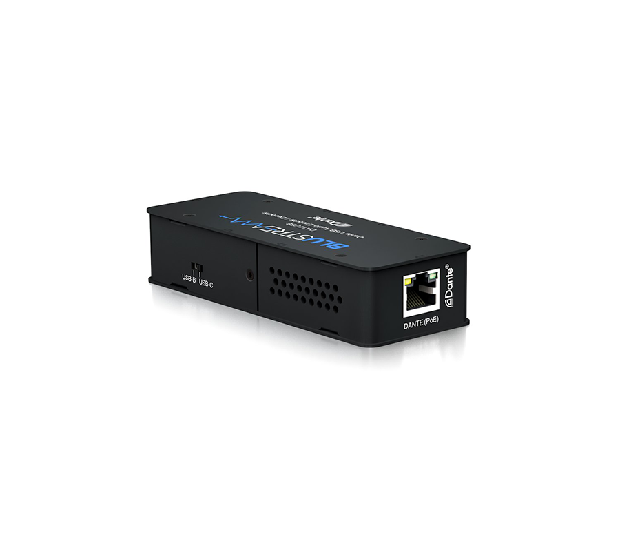 Blustream DA11USB z boku — vlevo přepínač USB-B/USB-C, vpravo síťový konektor DANTE (PoE) s indikačními LED