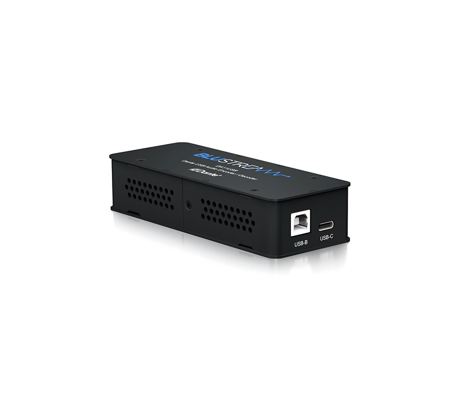 Přední strana Blustream DA11USB s konektory USB-B a USB-C a přepínačem volby vstupu
