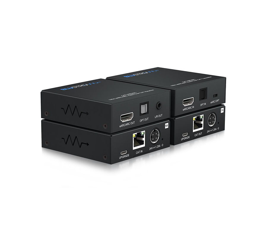 Vysílač a přijímač Blustream CAT100EARC v racku custom-install instalace