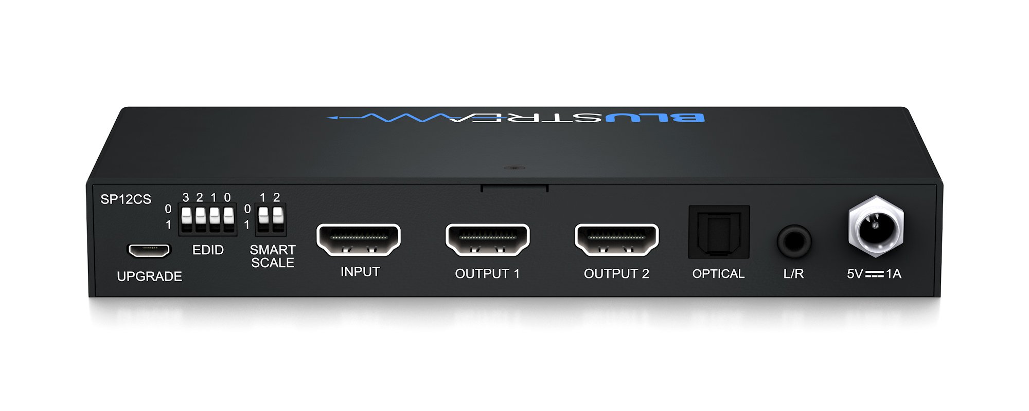 Detail konektorů Blustream SP12CS — HDMI vstup, dva HDMI výstupy a audio breakout na L/R a optický výstup