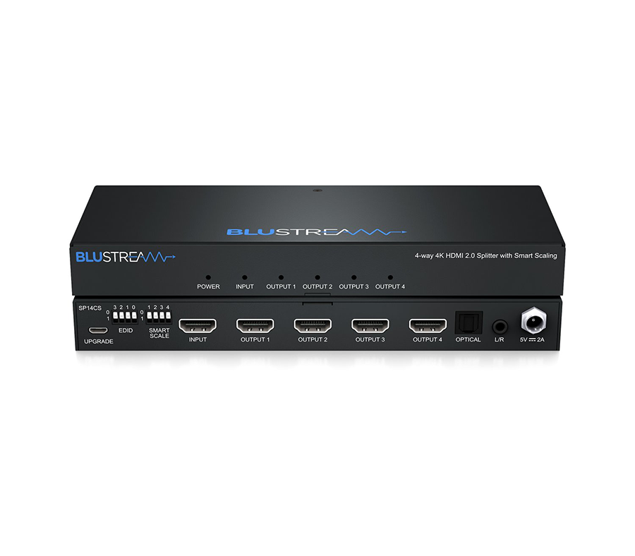 Blustream HDMI rozbočovač SP14CS čelní pohled na šasi se čtyřmi HDMI výstupy
