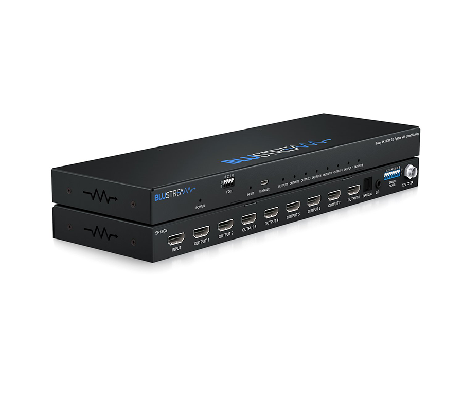 Blustream HDMI rozbočovač SP18CS pohled na zadní panel s osmi výstupy a audio breakout konektory
