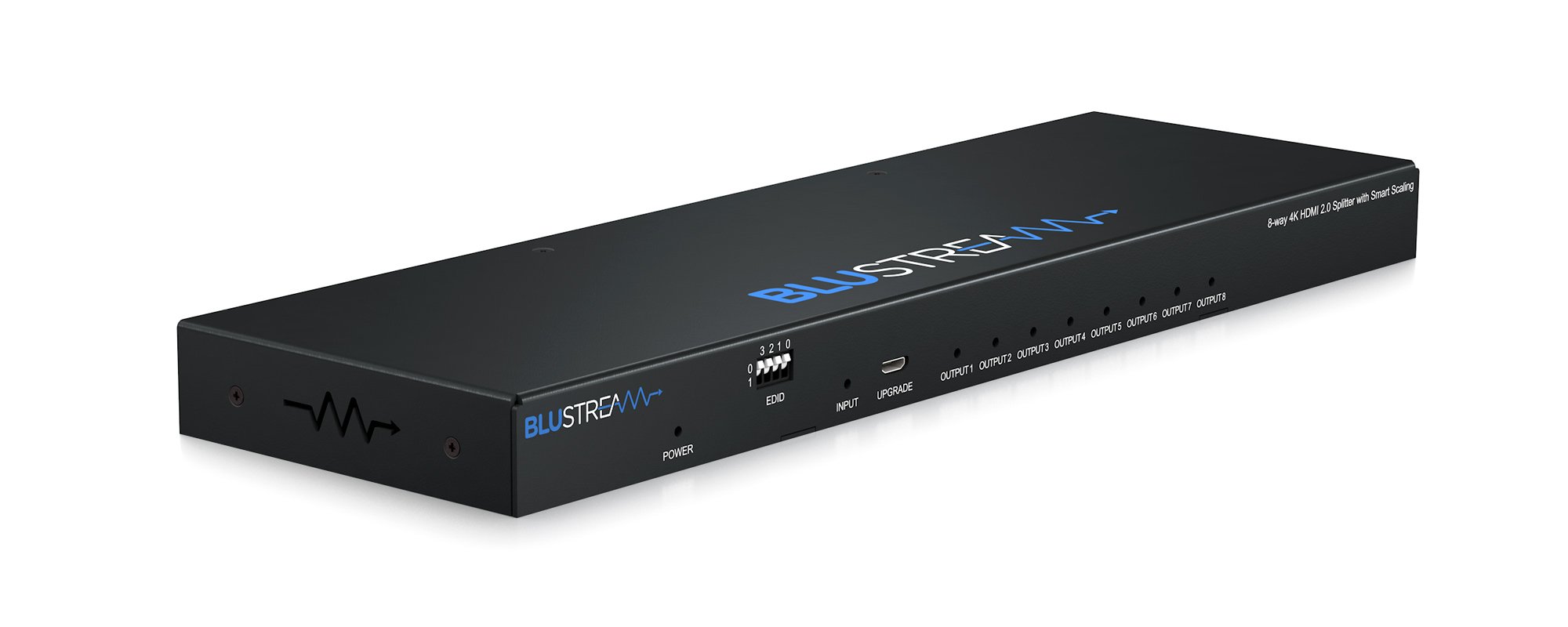 Detail šasi Blustream SP18CS s konektory pro distribuci do osmi výstupů