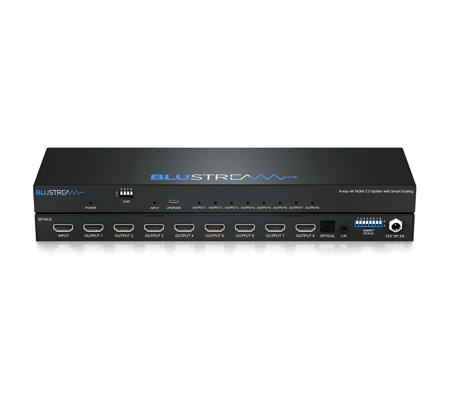 Blustream HDMI rozbočovač SP18CS čelní pohled na šasi s osmi HDMI výstupy