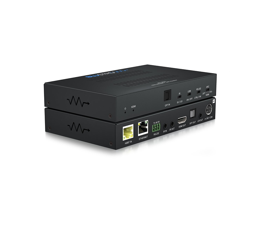 Blustream HDBaseT přijímač RX150CS v kovovém šasi, pohled z úhlu na horní, přední a zadní panel s konektory HDBT, Ethernet, HDMI a optickým audio výstupem