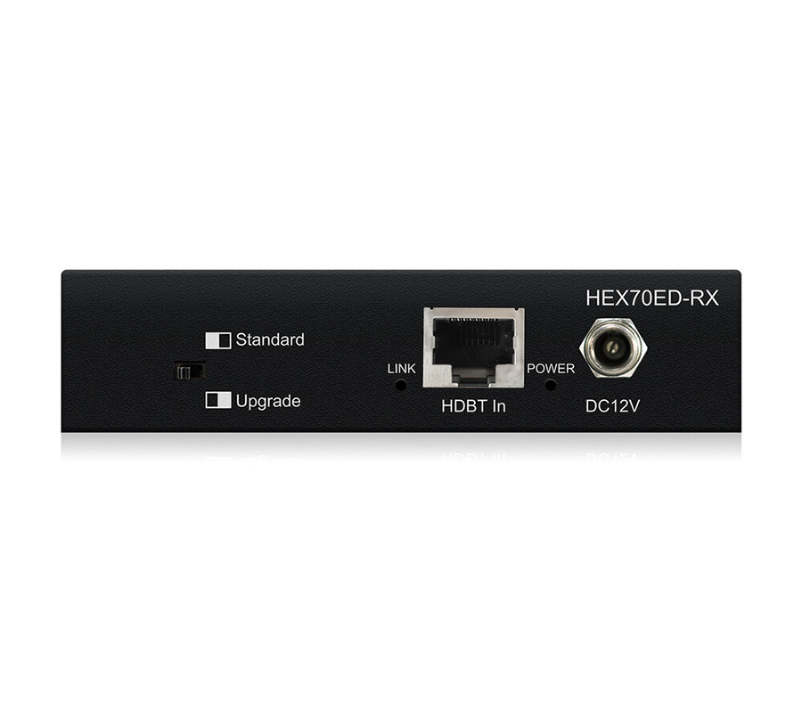 Blustream HEX70ED-RX — detail konektorů přijímače s HDMI výstupem, HDBaseT portem a IR vstupy