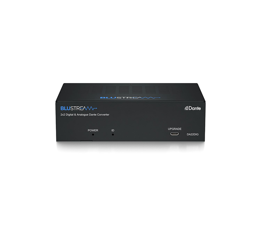 Čelní panel Blustream DA22DIG se stavovými diodami POWER a ID, servisním portem UPGRADE a označením modelu