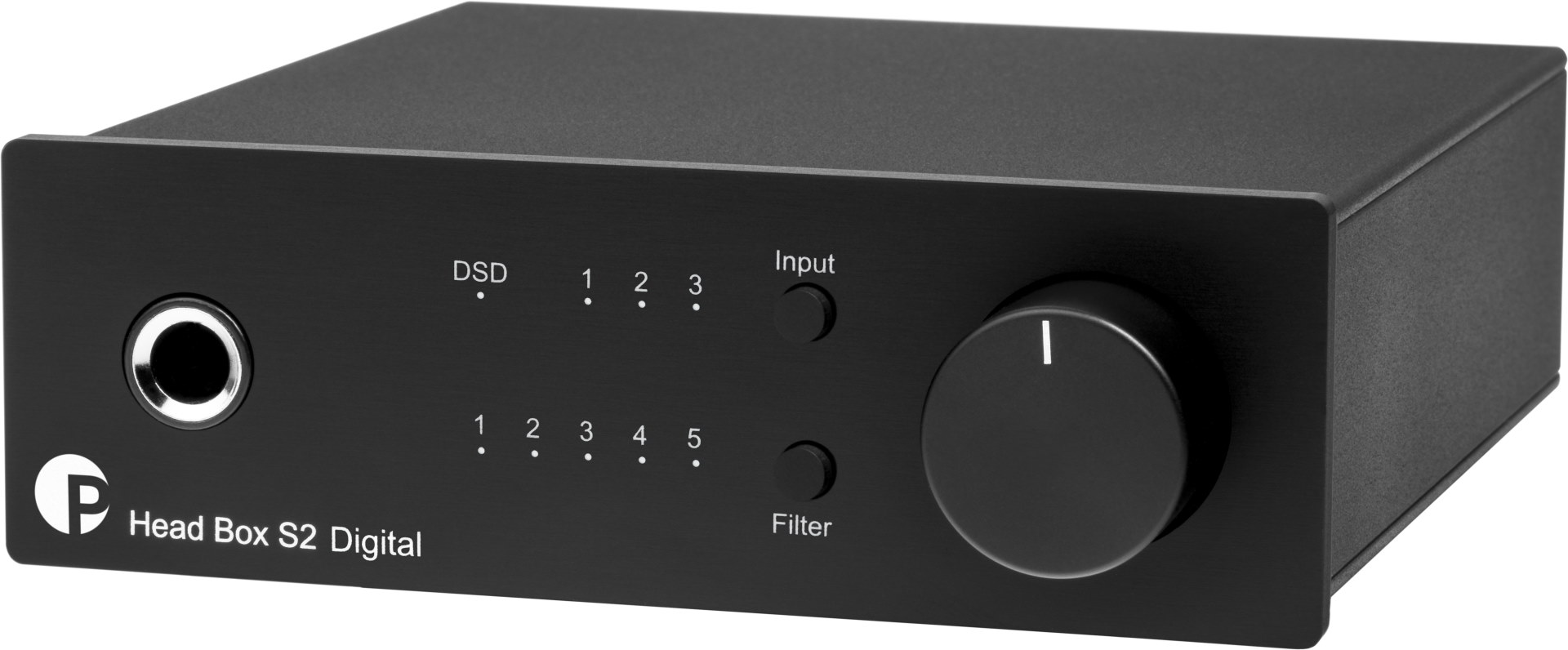 Pro-Ject Head Box S2 Digital — kompaktní hliníkový sluchátkový zesilovač s D/A převodníkem v černém provedení, čelní panel se sluchátkovým výstupem 6,3 mm, LED indikací DSD a vstupů a velkým ovládacím knoflíkem