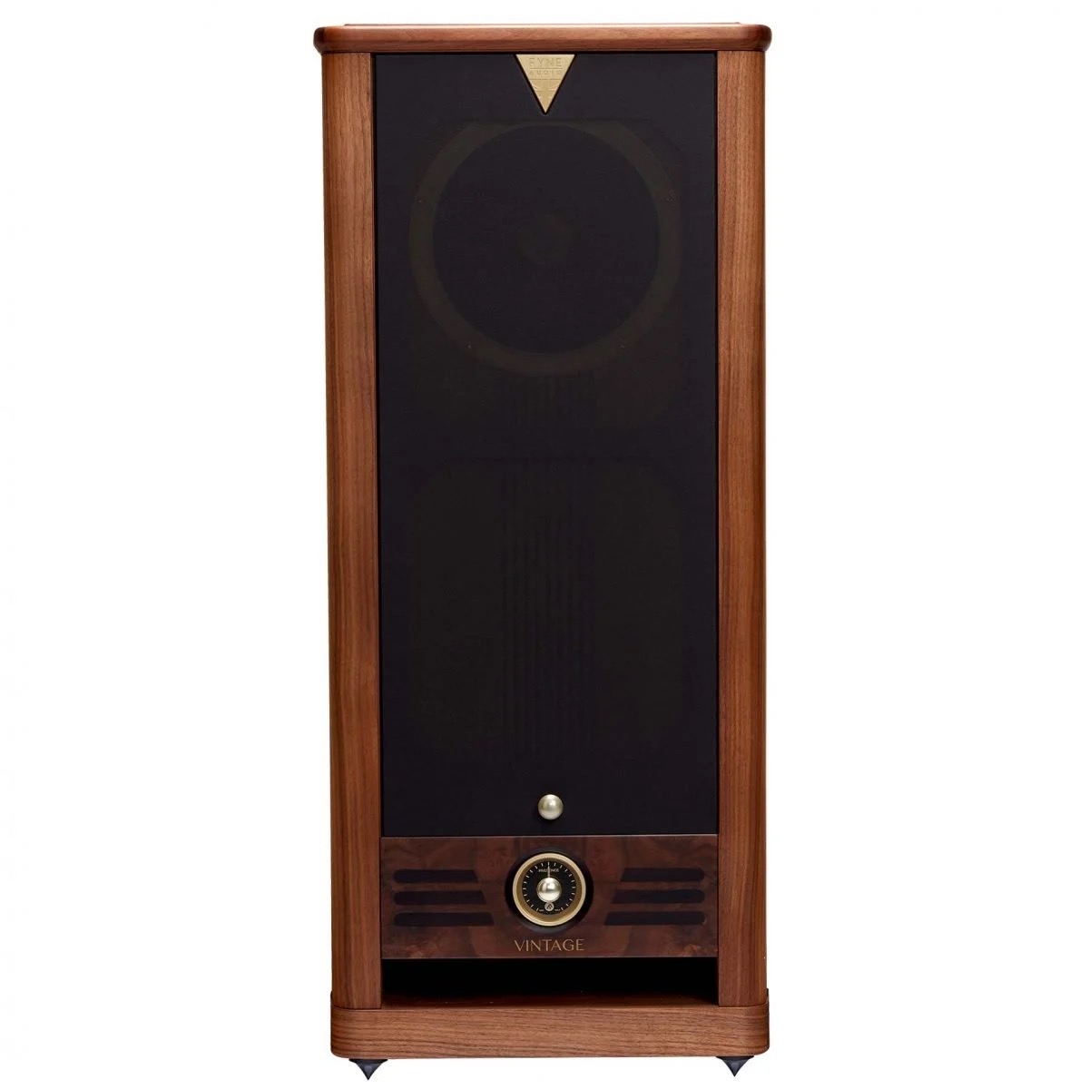 Fyne Audio Vintage Ten s nasazenou přední mřížkou, čelní pohled