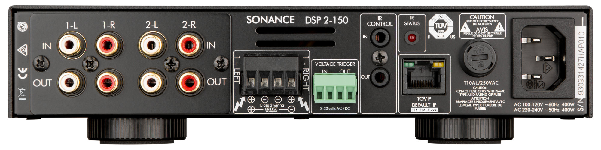 Sonance Sonamp DSP 2-150 MKII — pohled zpředu rovně, čisté přední šasi s indikátory