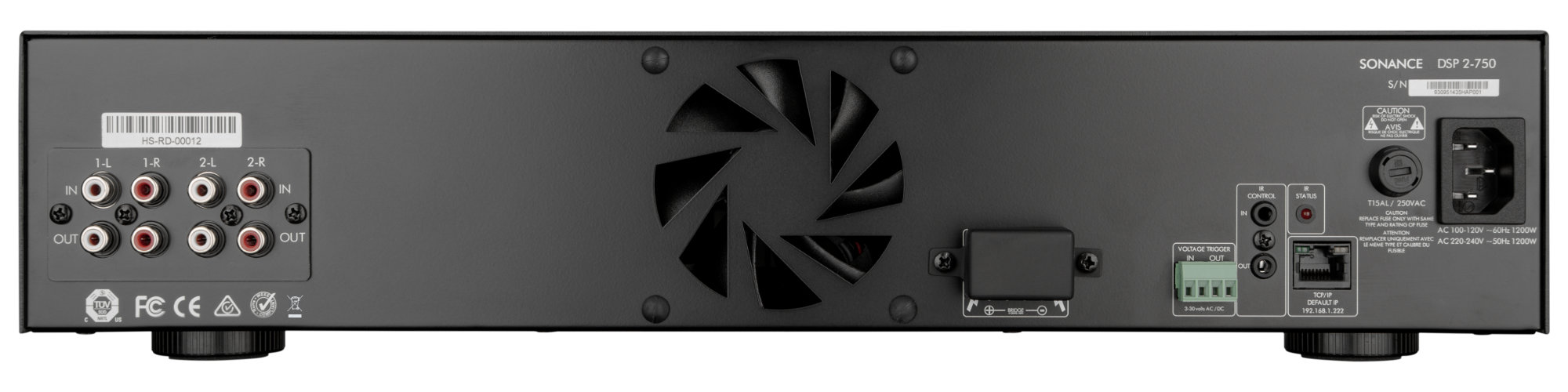Sonance Sonamp DSP 2-750 MKII — boční a zadní panel s konektory