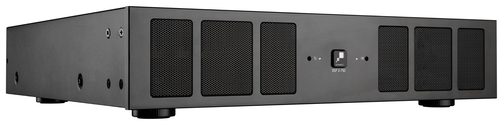Sonance Sonamp DSP 2-750 MKII — pohled na přední panel instalačního zesilovače v racku