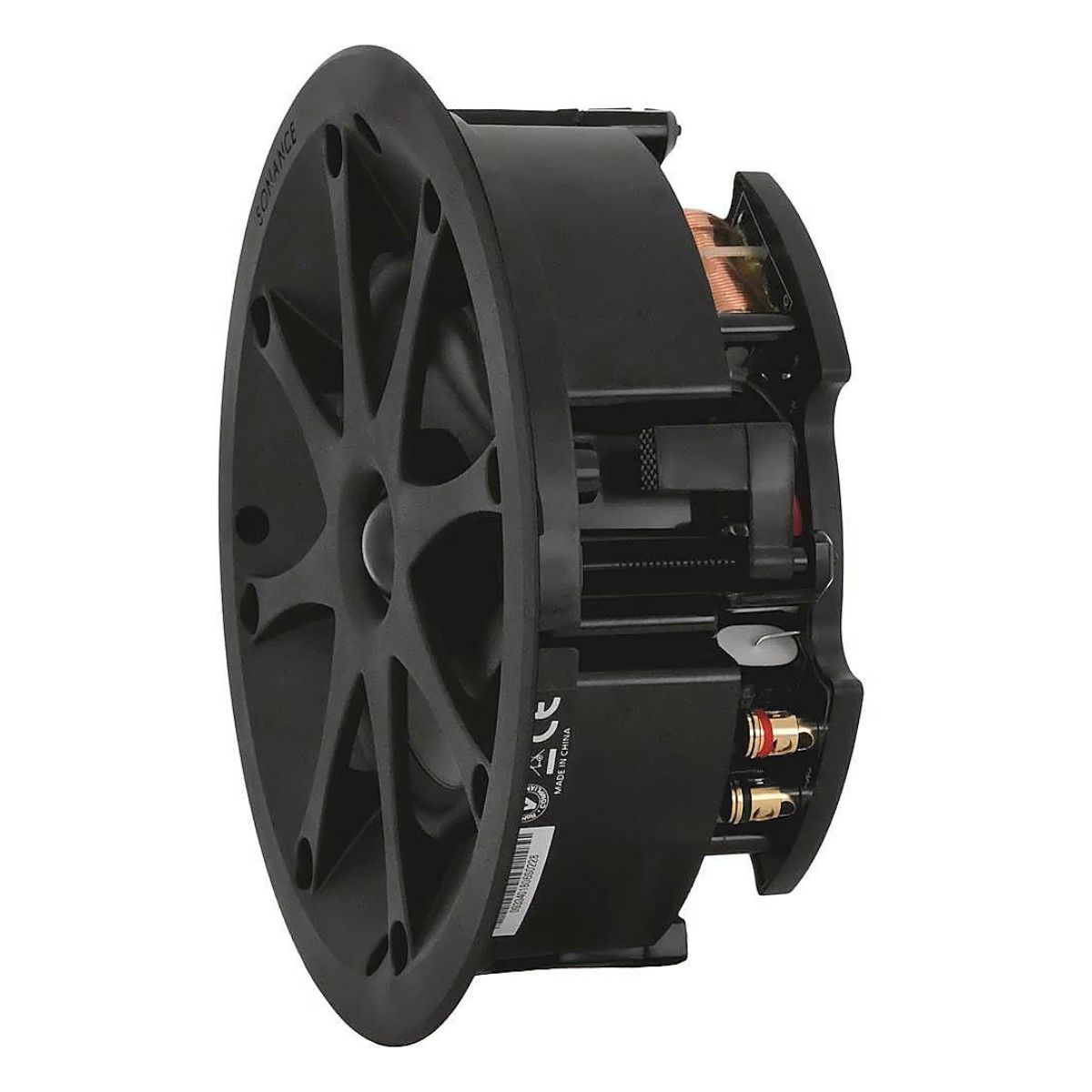 Zadní pohled na Sonance VPXT6R SST — montážní koš s logem SONANCE EXTREME, výklopný montážní mechanismus a zlacené reproduktorové svorky