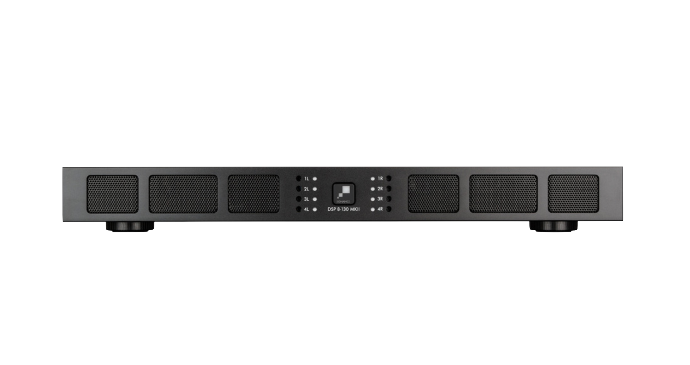 Čelní panel zesilovače Sonance Sonamp DSP 8-130 MKII s indikačními diodami osmi kanálů