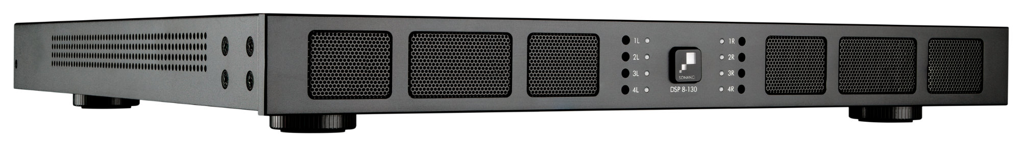 Šikmý pohled na Sonance Sonamp DSP 8-130 MKII s indikačními diodami kanálů a logem Sonance