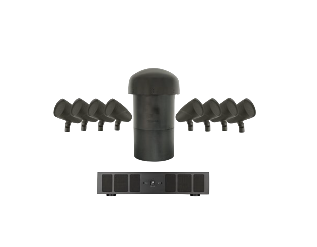 Kompletní sestava Sonance LS4T: osm satelitů, subwoofer LS12T SUB a zesilovač DSP 2-750 MKII