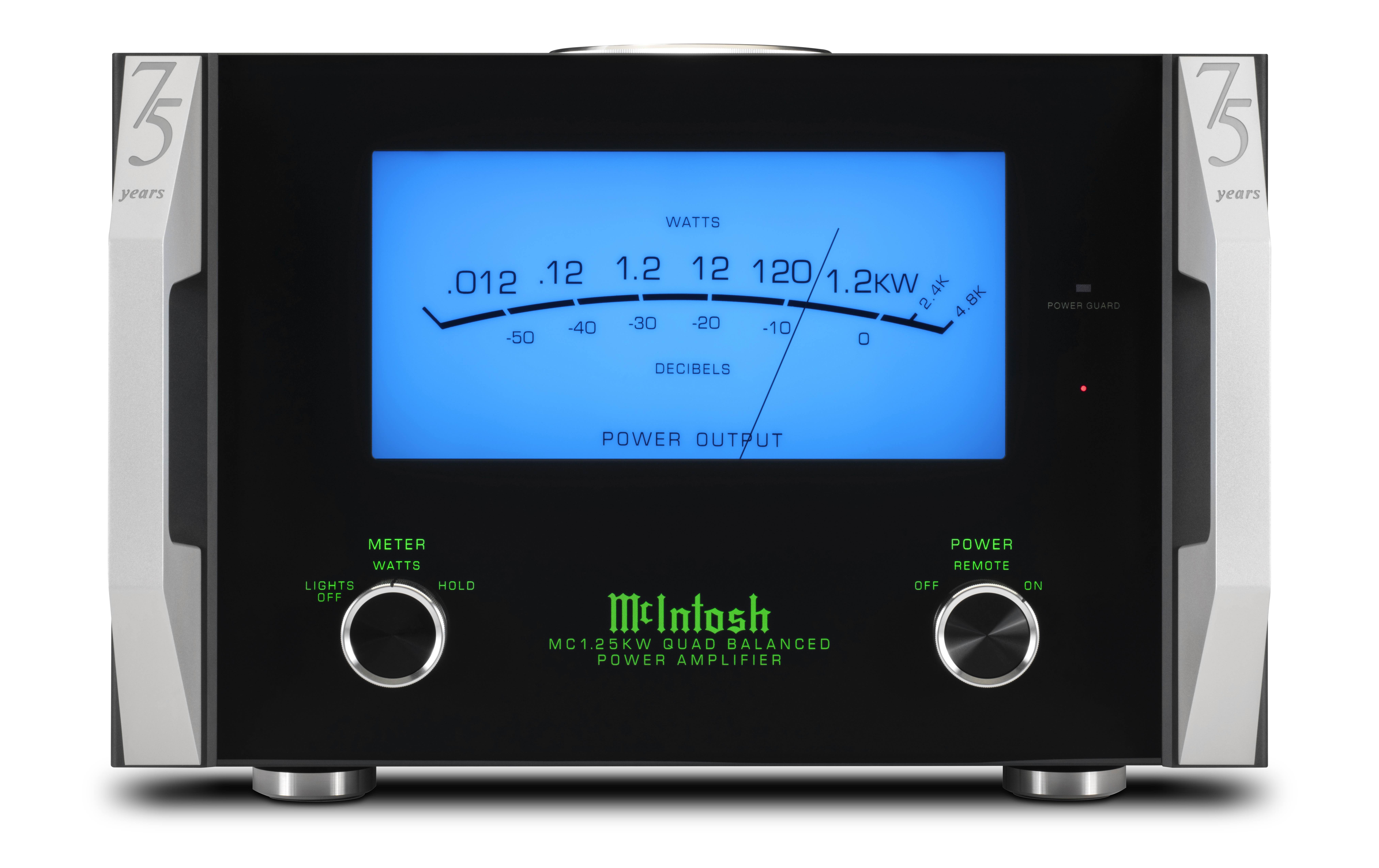 McIntosh MC1.25KW 75. Anniversary zepředu, modrý wattmetr a stříbrné koncovky s gravírovaným nápisem 75 let