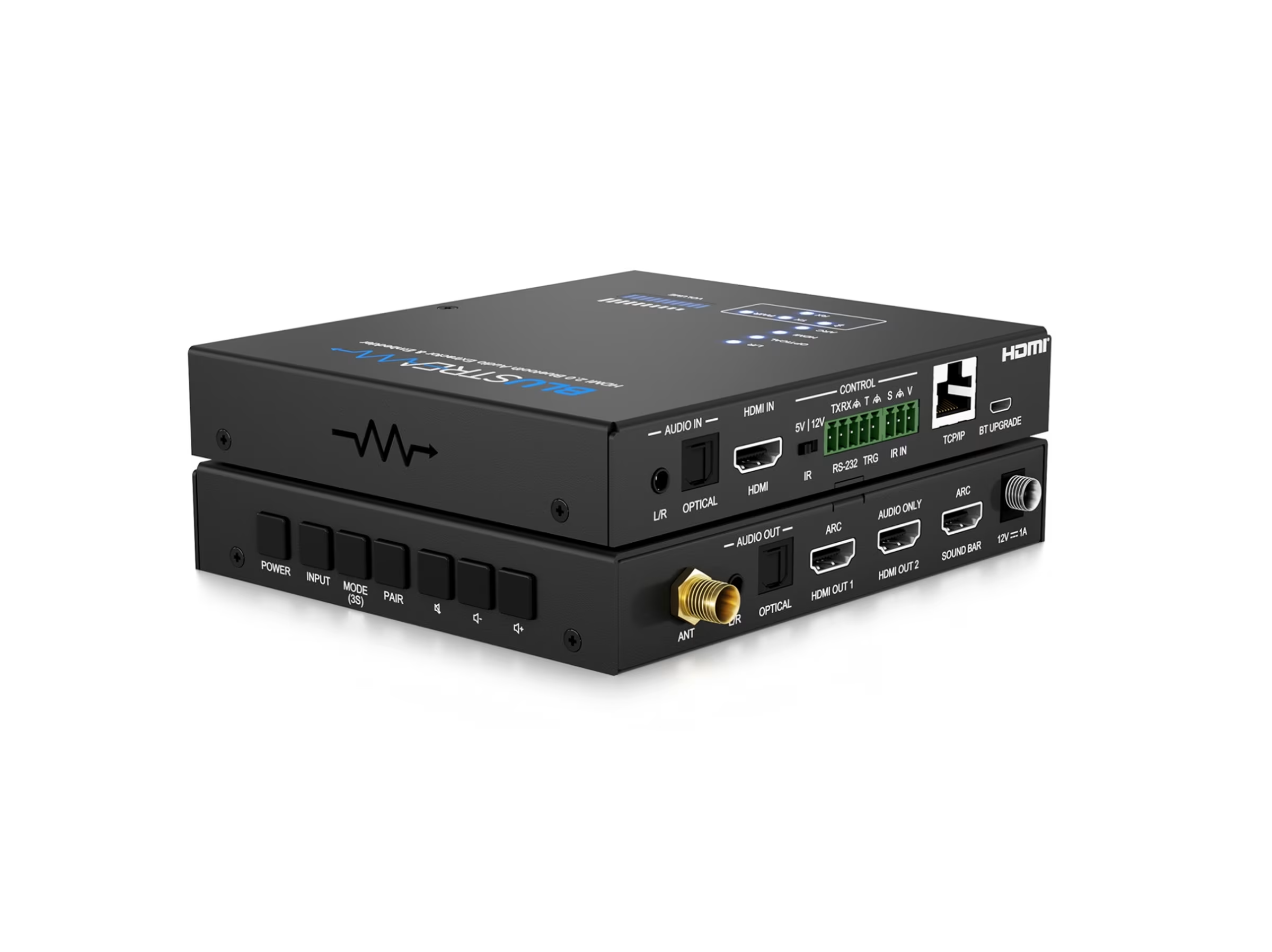 Blustream BLUARC z čelního pohledu, kompaktní černá jednotka audio matrixu
