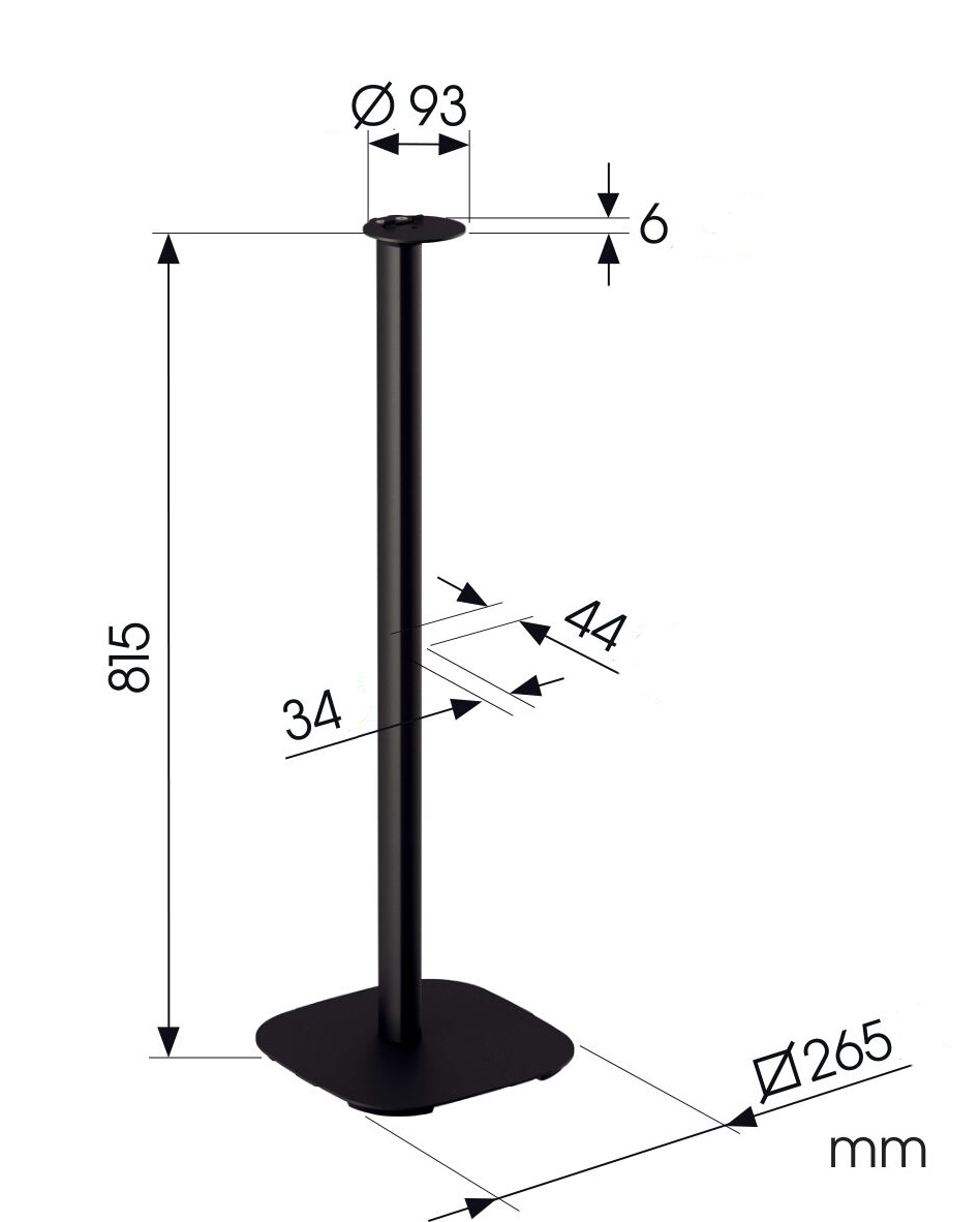 Rozměrový diagram černého Vogels stojanu pro Sonos Era 100 s kótami: výška 815 mm, montážní deska Ø 93 mm, základna 265 mm, štíhlý sloupek 34 × 44 mm