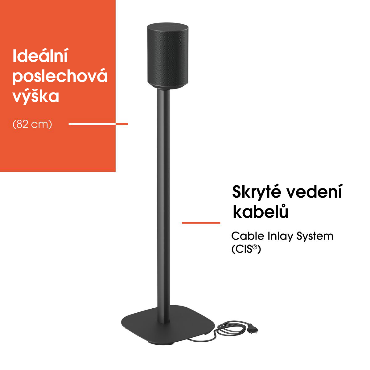 Grafika ukazující ideální poslechovou výšku 82 cm a skryté vedení kabelů systémem CIS u černého Vogels stojanu