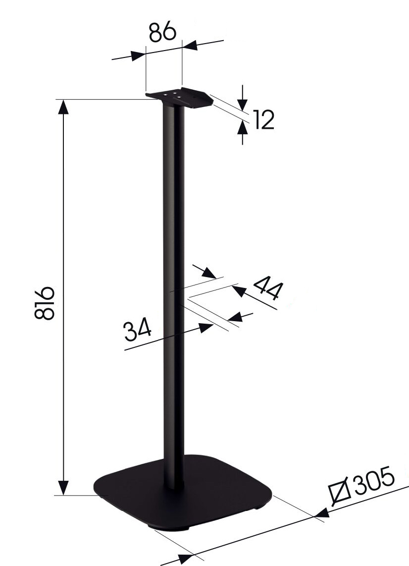 Rozměrový diagram černého stojanu Vogel's SFS 4133 — celková výška 816 mm, čtvercová základna 305 × 305 mm, horní deska 86 mm