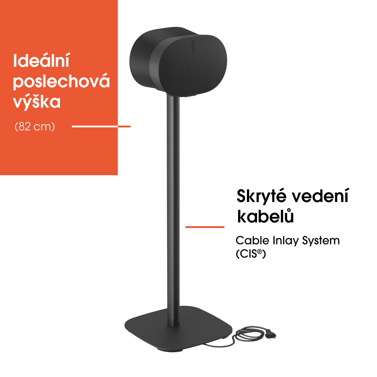 Černý stojan Vogel's SFS 4133 se Sonos Era 300 a popisky ideální poslechové výšky 82 cm a skrytého vedení kabelů systémem CIS