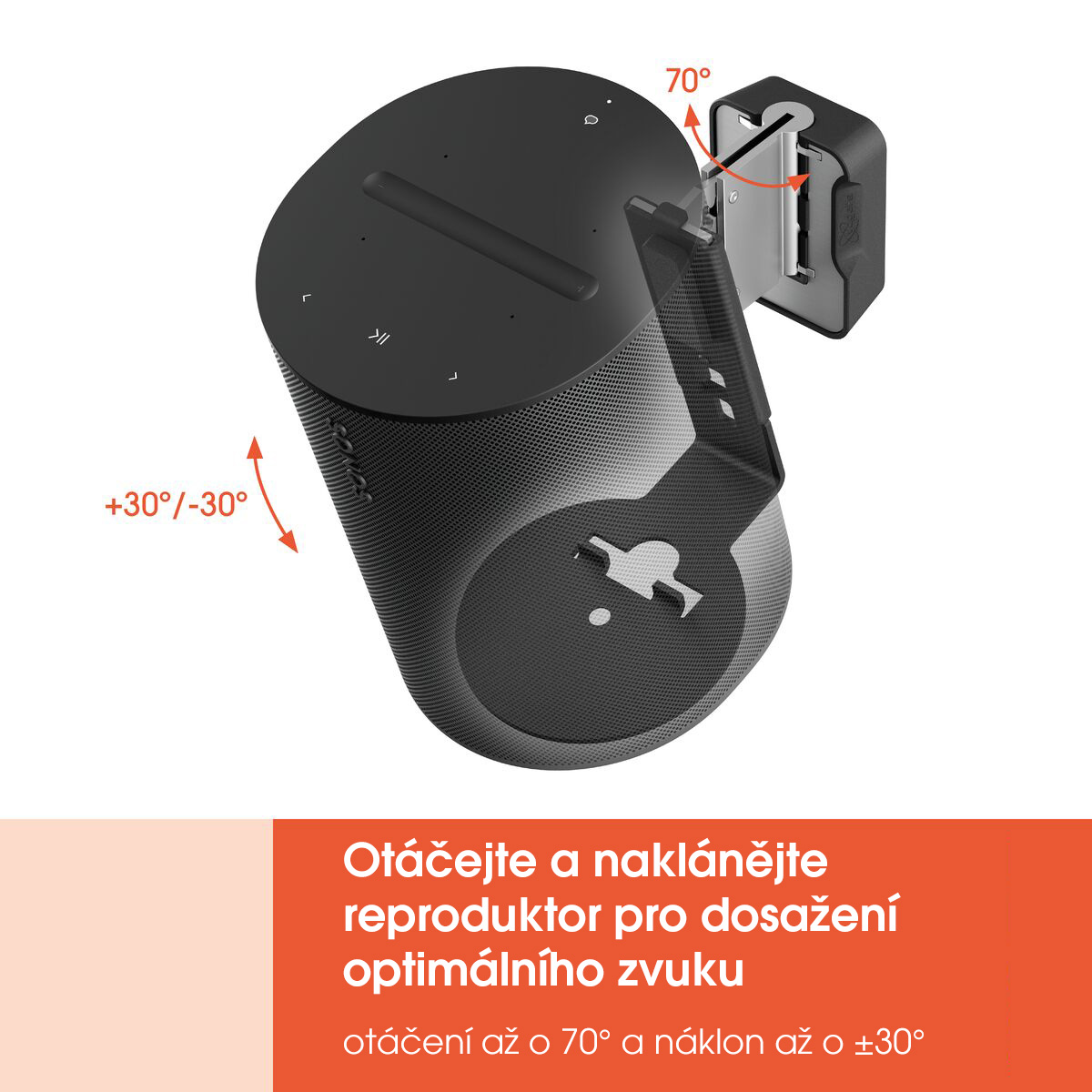 Schéma natáčení a naklápění reproduktoru Sonos Era 100 v držáku Vogel's SWM 4111 — otáčení až 70° do stran a náklon ±30° nahoru i dolů
