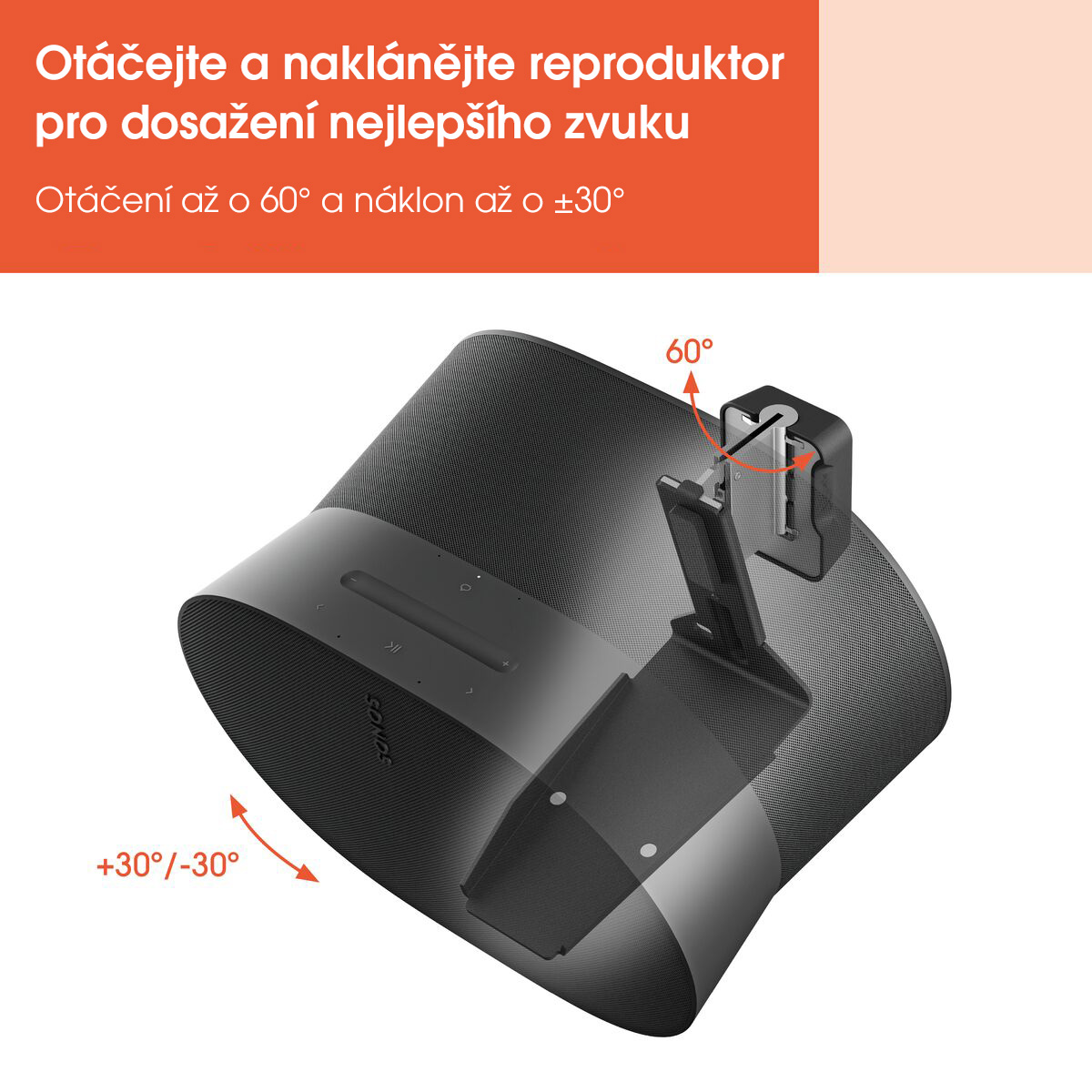 Infografika natáčení a naklápění držáku Vogel's SWM 4131 — otočení až 60° do strany a naklonění ±30° nahoru i dolů