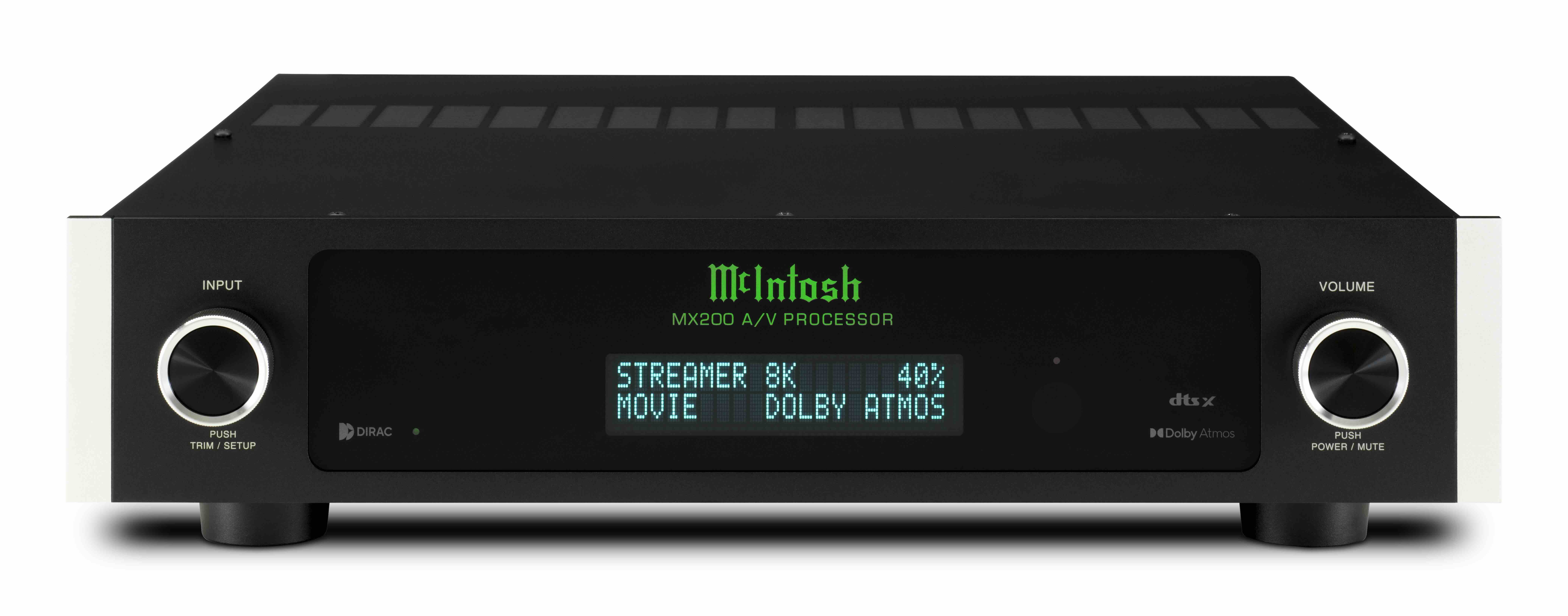 McIntosh MX200 z čelního horního pohledu s podsvíceným logem