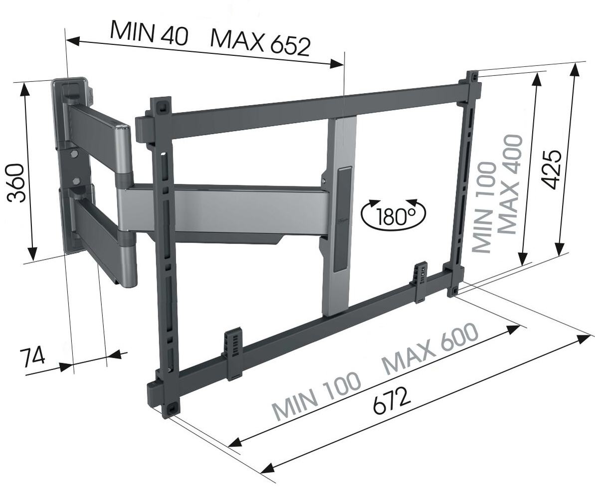 Technický výkres Vogel's TVM 5645 s kótami: vzdálenost od stěny MIN 40–MAX 652 mm, VESA 100×100 až 600×400 mm, rotace 180°