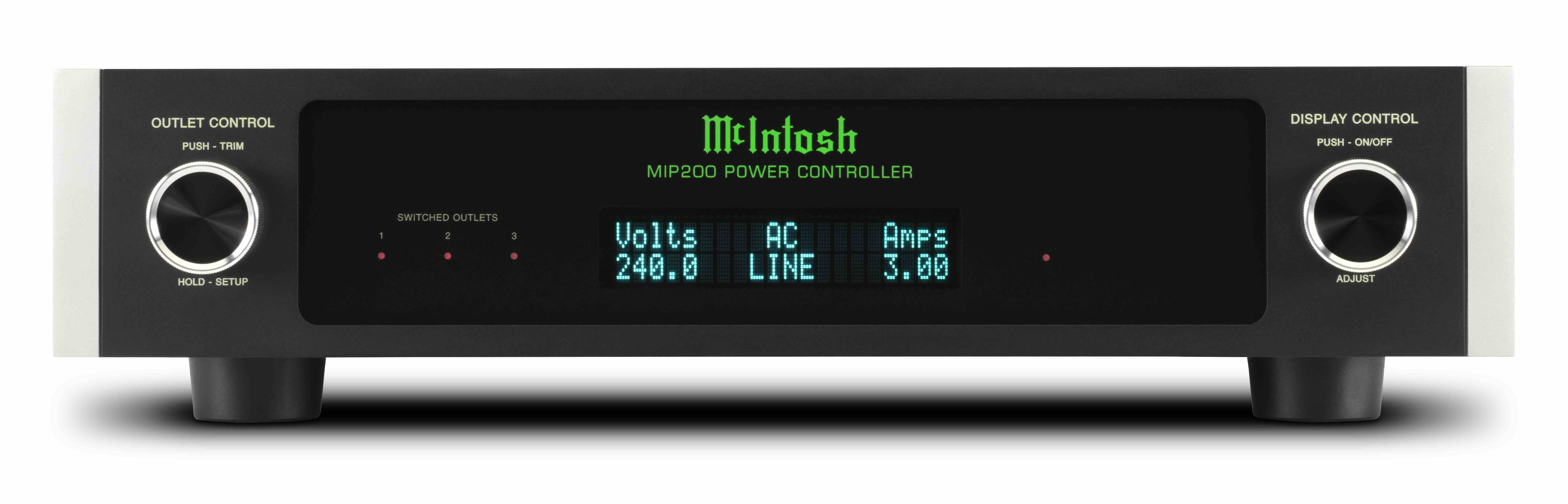McIntosh MIP200 zepředu s podsvíceným displejem zobrazujícím napětí, síť a proud, po stranách ovládací knoflíky