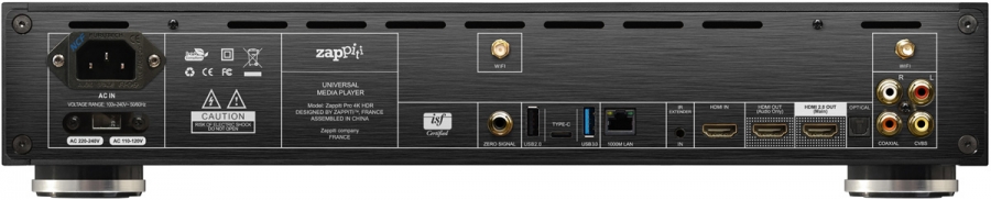 Zadní panel Zappiti Pro 4K HDR se vstupem HDMI, dvěma výstupy HDMI, optickým a koaxiálním výstupem, konektory RCA a gigabitovým síťovým portem