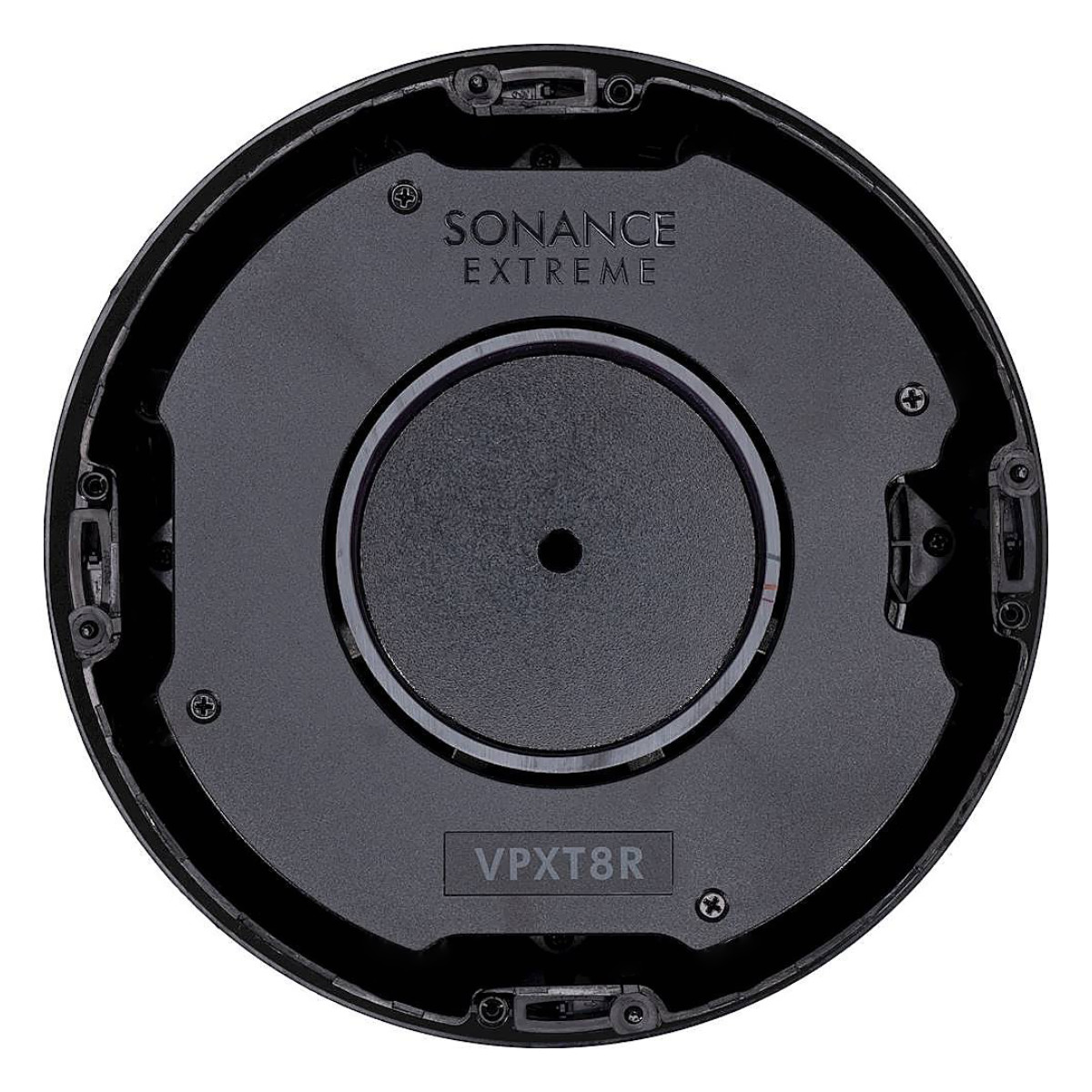 Zadní pohled na Sonance VPXT8R — montážní koš s logem SONANCE EXTREME a štítkem VPXT8R, výklopný montážní mechanismus