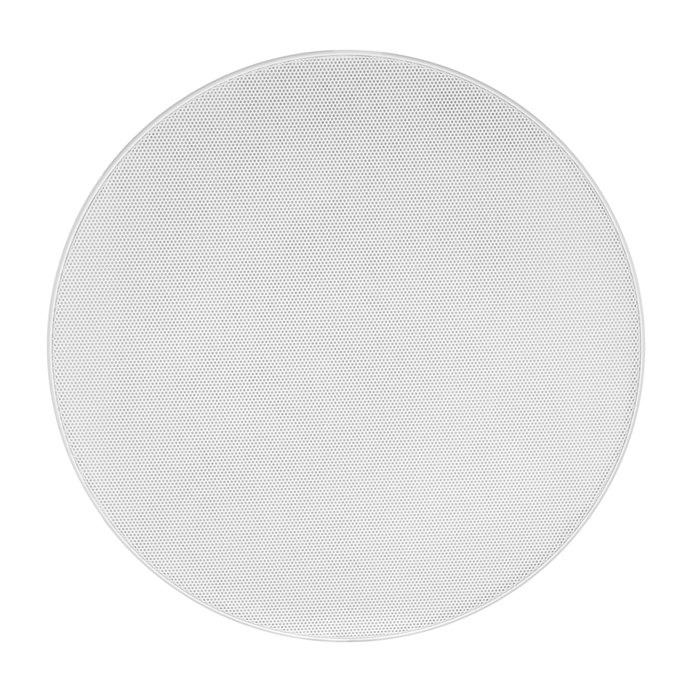 Kulatá bílá lakovatelná mřížka Sonance VX86R s ultratenkým rámečkem Micro Trim — vzhled reproduktoru po instalaci do stropu