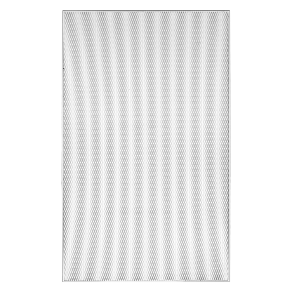 Obdélníková bílá lakovatelná mřížka Sonance VX86 s ultratenkým rámečkem Micro Trim — vzhled reproduktoru po instalaci do stěny
