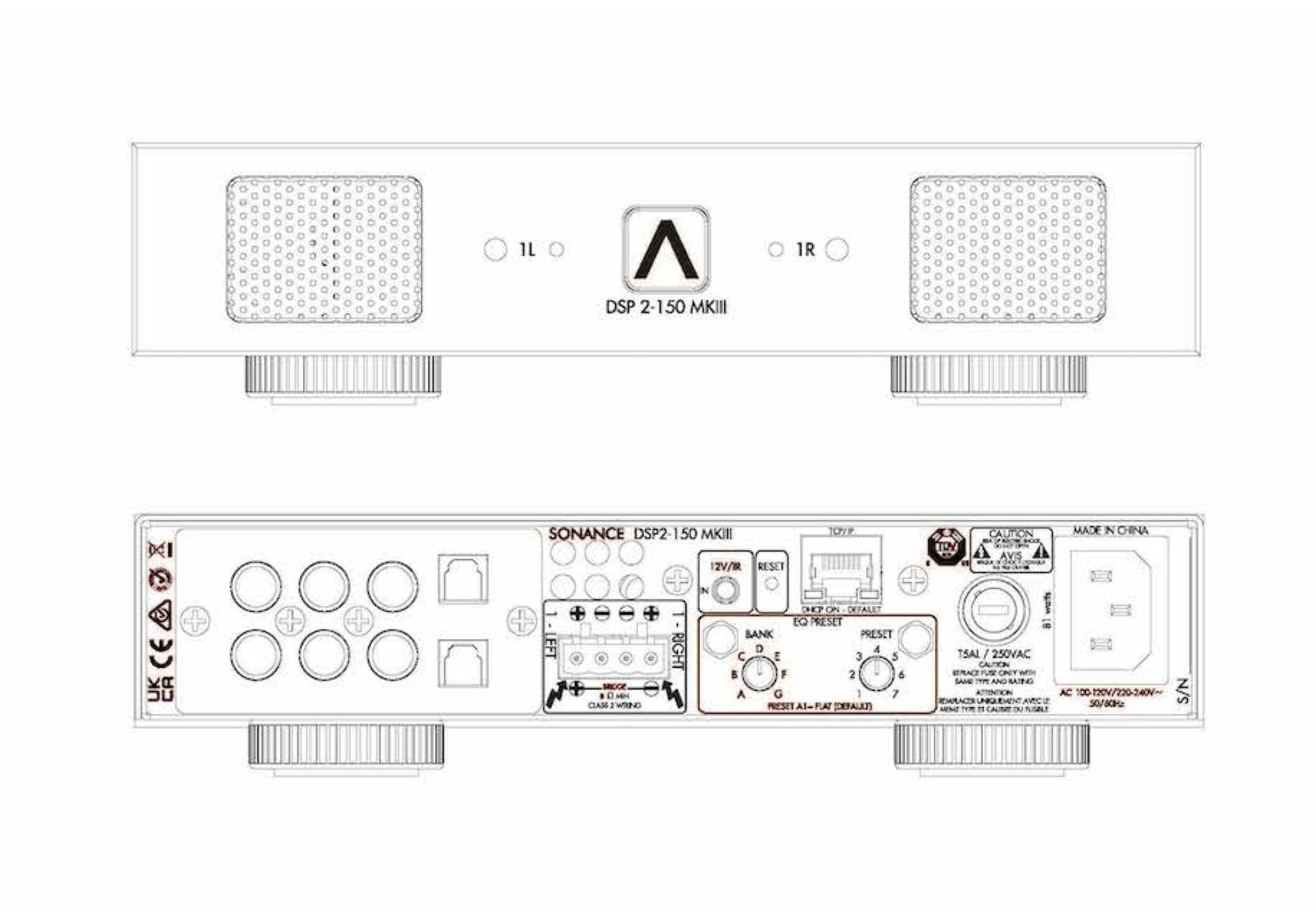 Technické schéma Sonance SONAMP DSP 2-150 MKIII — pohled shora na přední panel a zadní panel s reproduktorovými svorkami, EQ PRESET voliči a IP portem