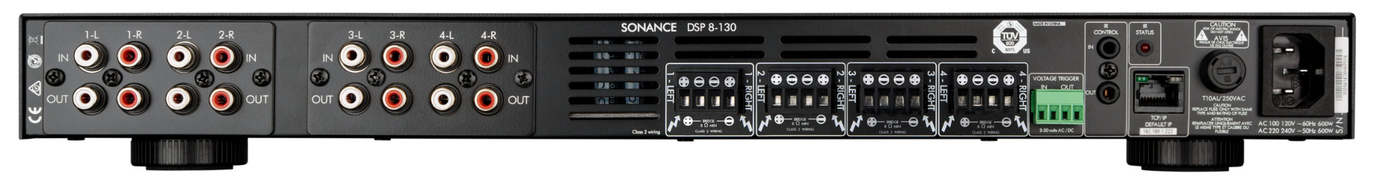 Zadní panel Sonance SONAMP DSP 8-130 MKIII s konektory RCA IN/OUT pro kanály 1-L až 4-R, svorkovnicemi reproduktorů s můstkovým zapojením, napěťovým spínačem, IR vstupem a výstupem, síťovým portem RJ45 a IEC napájecím konektorem