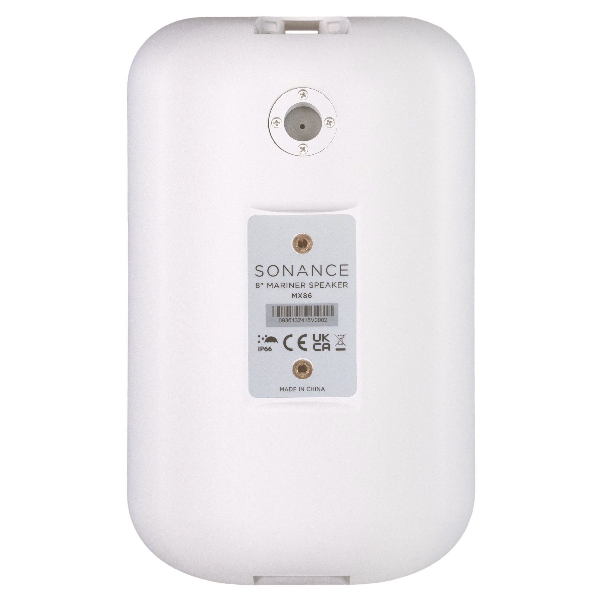 Sonance Mariner MX 86 — zadní panel s reproduktorovými terminály, montážní otvor FastMount a štítek IP66
