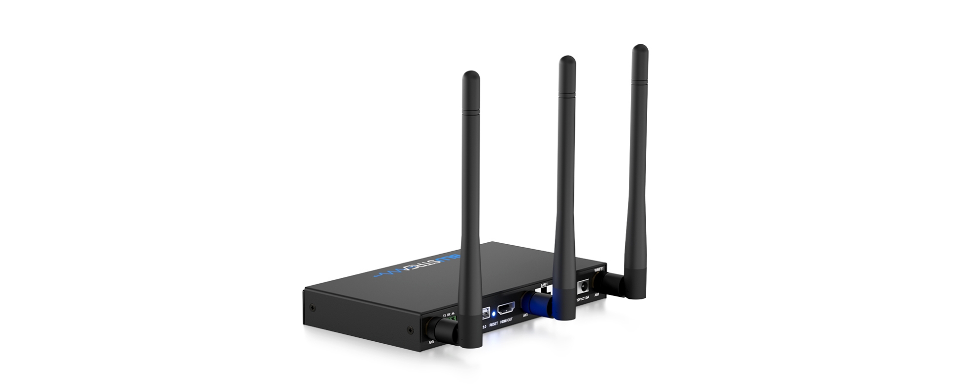 Blustream WMF51 zezadu s konektory HDMI, USB-C, USB-A, Ethernet a anténními porty SMA